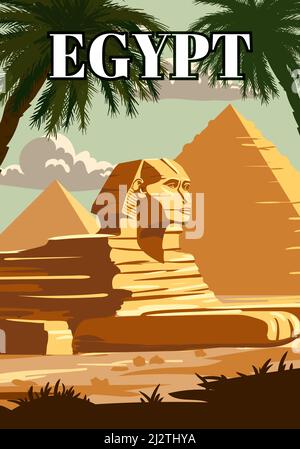 Altes Ägypten Pharao Pyramiden Sphinx Vintage Poster. Reise nach Ägypten Land, Sahara Wüste, Palmen. Retro-Kartendarstellung Vektor Stock Vektor