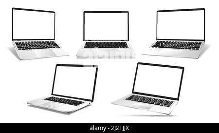 Öffnen Sie 3D Mockup-Laptops in verschiedenen Positionen Stock Vektor