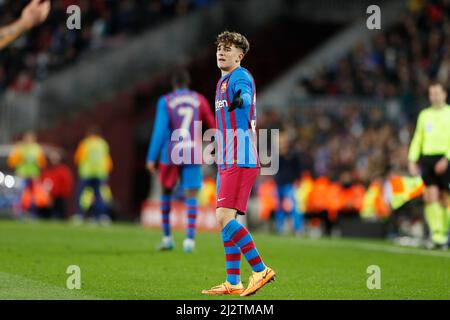 Barcelona, Spanien. 3. April 2022. Gavi (Barcelona) Fußball: Spanisches Spiel 'La Liga Santander' zwischen dem FC Barcelona 1-0 Sevilla FC im Estadio Camp Nou in Barcelona, Spanien. Quelle: Mutsu Kawamori/AFLO/Alamy Live News Stockfoto