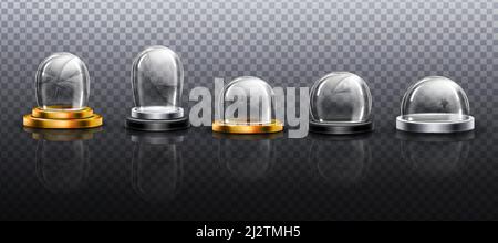Gebrochene Glaskuppeln auf Metall, Gold und Silber Podium. Vektor realistische Mockup von leeren klaren Acryl Glocke mit Rissen und Bruch. Beschädigter Schnee BA Stock Vektor