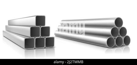 Rohre stapeln, quadratische und runde gerade Stahl Metall oder pvc Rohrleitungen. Industriestücke für die Durchführung von Fabrik- oder Bauarbeiten isoliert Stock Vektor