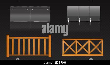 Glasgeländer mit Metallgeländer und Holzzaun für Balkon, Terrasse oder Pool. Vector realistische Satz von klaren Plexiglas Barriere mit Stahl Handra Stock Vektor