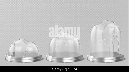 Zerbrochene Glaskuppeln auf silbernem Podium. Vektor realistische Nachbildung von leeren klaren Acryl-Glocke Gläser mit Rissen und Löchern. Beschädigte Schneebälle auf Metallständer Stock Vektor