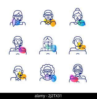 Symbole für die Vielfalt der Mitarbeiter des technischen Supports im Call Center. Menschen jeden Alters und Geschlechts, die ein Headset tragen. Pixelperfekte, bearbeitbare, lustige Farbsymbole mit Konturen Stock Vektor
