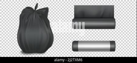 Schwarze Plastiktüte für Müll, Müll und Müll. Vector realistische Mockup von Polyethylen-Müllbeutel in Rolle und voller Abfälle. Gefesselt Sack mit Abfall ist Stock Vektor