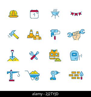 Feier des Arbeitstages und Symbole der Arbeitereinheit. Bauhut, bbq, Hammer und andere. Pixel-perfekte, bearbeitbare Symbole für Konturfarben Stock Vektor