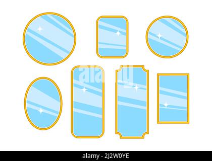 Set aus verschiedenen goldenen glänzenden Cartoon-Spiegel mit Reflexion in minimalistischem Stil Stock Vektor
