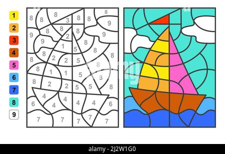 Farbe nach Zahlen Sommerurlaub. Puzzle-Spiel für Kinder Bildung, Farben für das Zeichnen und Lernen Mathematik Stock Vektor