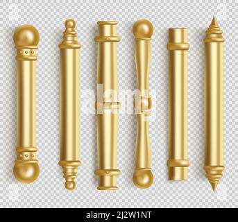 Türgriffe aus Barockgold für die Raumgestaltung im Büro oder zu Hause. Vector realistische Satz von vintage golden lange Tür ziehen Knöpfe. Bar Form Griffe mit bal Stock Vektor