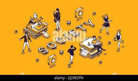 Gesellschaft isometrisches Konzept mit winzigen Zeichen leben Routine. Menschen mit Gadgets, engagieren sportliche Aktivität, kommunizieren in Internet-Netzwerken, studyin Stock Vektor