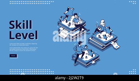 Isometrische Landing Page für Skill-Level. Professionelle Bildung und Wissenskonzept mit winzigen Zeichen sitzen auf riesigen Buch Haufen mit Gadgets für REA Stock Vektor