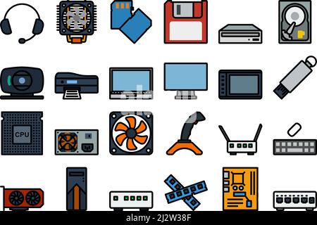 Computersymbole Eingestellt. Editierbare Fett Formatigte Kontur Mit Farbfüllungsdesign. Vektorgrafik. Stock Vektor