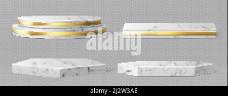 Marmorpodeste oder Podien mit goldenen Rahmen und Dekor, runde und quadratische Ränder auf geometrischen leeren Bühnen, Steinaussteller für Produktpräsentationen Stock Vektor