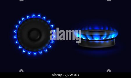 Brennender Gasofen mit blauer Flamme oben und Seitenansicht. Küchenbrenner mit beleuchteten Kochfeldern, Propan Butan Flamme im Backofen, glühende Kochplatte isoliert auf b Stock Vektor