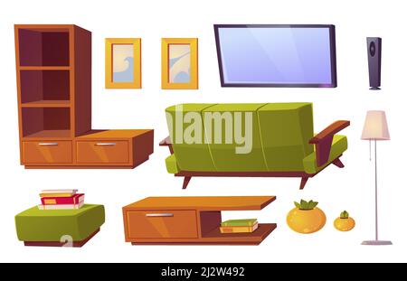 Wohnzimmer-Innenausstattung mit grünem Sofa, Bücherregalen und tv. Vector Cartoon Möbel Kollektion für Haus, Pouf, Bilderrahmen, Stehlampe und hinten Stock Vektor