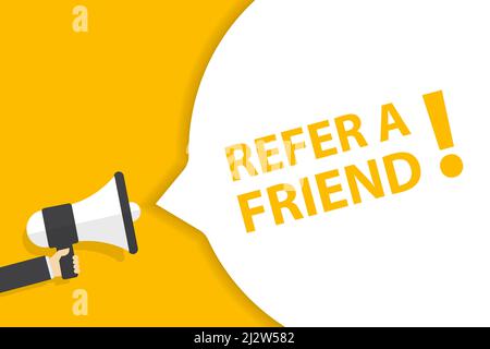 Hand hält Megaphon mit Freund empfehlen Blase Banner Vektor mit Kopierer Platz für Unternehmen, Marketing, Flyer, Banner, Präsentationen, Und Poster. Stock Vektor