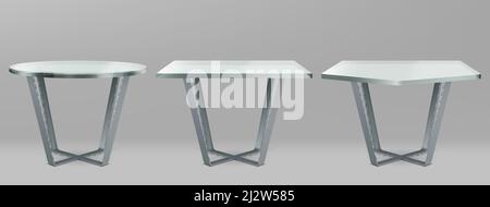 Moderne Tische mit runder, quadratischer und pentagon-Glasplatte. Vector realistische Set von Cocktail, Kaffee oder Esstisch mit Metall-Kreuzbeine und klare Plex Stock Vektor