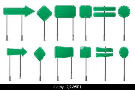 Grüne Straßenschilder verschiedene Formen auf Metallpfosten Front-und Winkelansicht. Vector realistische Satz von leeren Verkehrsschildern Boards Richtungen, Lage oder Hinweis Stock Vektor