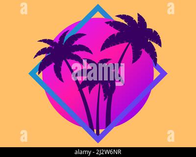 Palmen der 80er Jahre bei Sonnenuntergang. Sommerzeit. Futuristische Retro-Sonne. Synthwave- und retrowave-Stil. Design für Werbebroschüren, Banner und Poster. Vec Stock Vektor