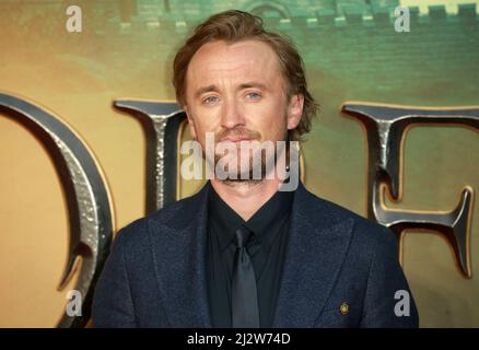 Tom Felton nimmt am 29. März 2022 in London, England, an der Weltpremiere von „Fantastic Beasts: The Secrets of Dumbledore“ in der Royal Festival Hall Teil. Stockfoto