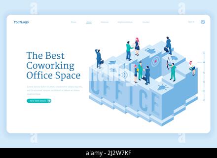 Coworking Office Space isometrische Landing Page. Geschäftsleute arbeiten, kommunizieren, entwickeln neue Projekte und Ideen in einem speziellen Bereich Arbeitsplatz für Team CO Stock Vektor