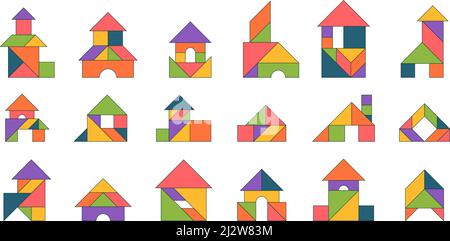 Tangram-Gebäude. Geometrische Puzzle für Kinder logische Rätsel Häuser aus Dreiecken grellen Vektor farbigen Vorlagen Stock Vektor
