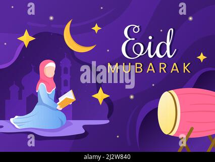 Happy Eid ul-Fitr Mubarak Hintergrunddarstellung. Muslime beten mit beiden Händen in flachem Stil Stock Vektor