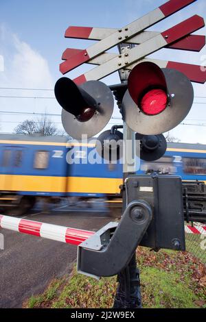 Niederlande, Zug passiert einen Bahnübergang in Arnhem mit Kreuzböcken, roten Lichtern, elektrischen Glocken und Halb-Barriere-Toren. Stockfoto