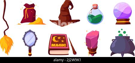 Wizzard-Artefakte. Farbige glänzende Schmuckflaschen und Kugeln für Zaubersprüche grellen Vektor-Cartoon-Kristalle Stock Vektor