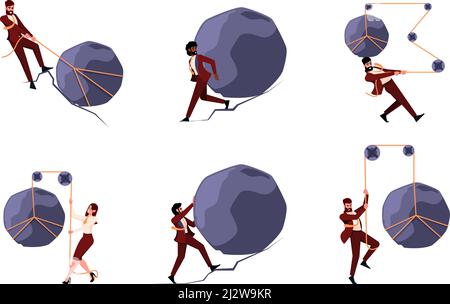 Geschäftsmann schiebt Steine. Bemühung Team mit Ziehen großen Gewichts Steine schweren Kampf Hindernisse grellen Vektor flach Konzept Bilder Vorlagen Stock Vektor