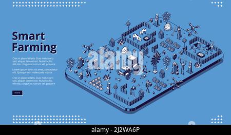 Smart Farming-Banner. Landwirtschaftliche Technologien und Innovationen, Automatisierungssystem für den Anbau von Pflanzen. Vektor-isometrische Darstellung des modernen Feld wi Stock Vektor