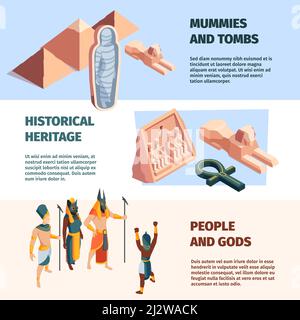 Uralte Banner. Reisekonzeptbild mit historischen ägyptischen Figuren und architektonischen Objekten Pyramide Pharaonen Götter grellen Vektor-Vorlagen