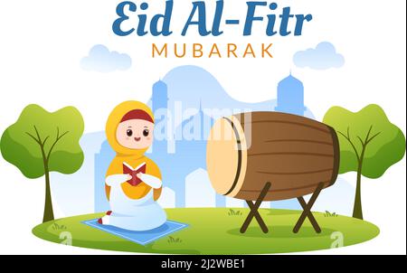 Happy Eid ul-Fitr Mubarak Illustration. Cute Cartoon von Kindern spielen Bedug oder Trommel in Flat Style Hintergrund zu feiern Stock Vektor