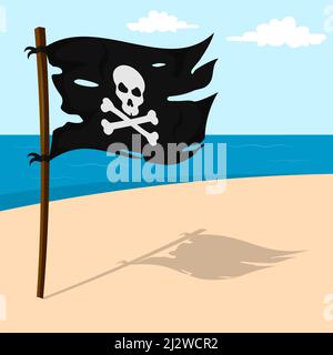 Schwarze Piratenflagge mit Kreuzknochen und Totenkopf am Ufer der sandigen Insel. Ort der verborgenen Schätze. Cartoon-Vektorgrafik Stock Vektor