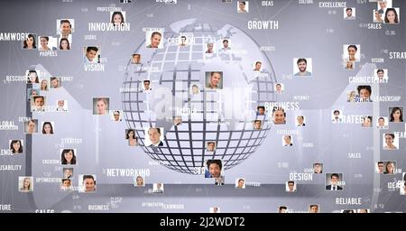 Business Concept-Texte und Netzwerk von Profilsymbolen auf der ganzen Welt vor grauem Hintergrund Stockfoto