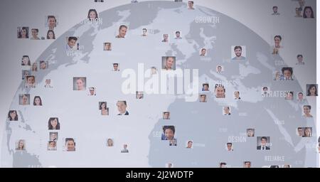 Netzwerk von Profilsymbolen und Geschäftskonzepten auf der ganzen Welt vor grauem Hintergrund Stockfoto