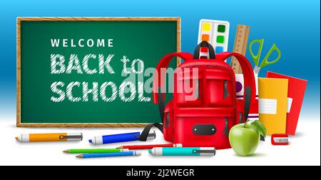 Zurück zur Schule Poster. Lernen realistischer Elemente und Zubehör. Rucksack- und Studienzubehör. Farbenfrohe Schreibwaren-Komposition mit Kreidetafel. Stifte Stock Vektor