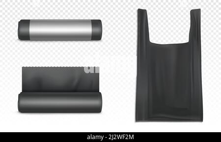 Schwarze Plastiktüte für Müll, Müll und Müll. Vector realistische Mockup von Polyethylen Säcke für Abfall in Rolle und Tasche mit Griffen für Träger ist Stock Vektor