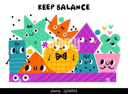 Geometrische Figuren Gesichter. Lustige balancierende Formen Gruppe. Zeichentrickfilm Grundfiguren. Bunte Objekte mit fröhlichen Lächeln. Abstrakte Formen Komposition Stock Vektor