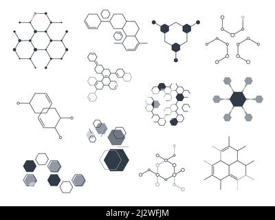 Sechseckige Strukturen. Chemische molekulare Symbole. Zeichen der Wissenschaftstechnologie. Komplexe Konstruktionen. Abstrakte geometrische Formen Verbindung. Molekül Stock Vektor