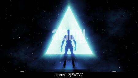 Abstrakter minimaler Hintergrund. Blaues dreieckig leuchtendes Portal. Silhouette eines Roboters, der vor dem futuristischen architektonischen Eingang steht. Fantasy-Kosmi Stockfoto