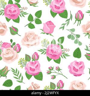 Nahtloses Rosenmuster. Rosendruck, Blumen-Textil-Design. Botanische Kunst für Tapete, vintage rosa Elfenbein floral mit Zweigen, neoterischen Vektor Stock Vektor