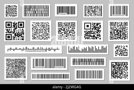 Schwarze Barcodes. Barcode-Kennzeichnung, qr-Code für Produkt. Aufkleber zum Scannen, persönliche Identitätsschilder zur Impfung. Verschiedene Codes exakter Vektor Stock Vektor