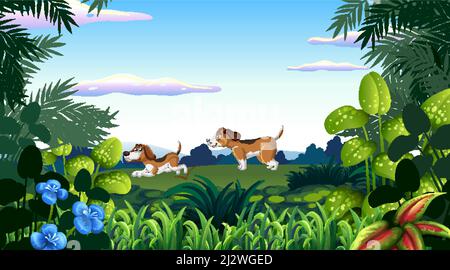 Satz von verschiedenen Haustieren in Wald Illustration Stock Vektor