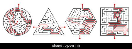 Irrwege. Rote Linie Pathfinding. Kinder pädagogische Labyrinth Spiele. Verschiedene Formen Puzzles. Die richtigen Lösungen. Route zum Eingang vom Ausgang wird gesucht Stock Vektor