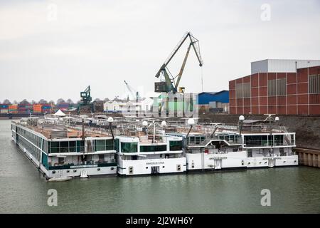 Die Schiffe der Amadeus Flußkreuzfahrten GmbH werden in einem Dock im Rheinhafen Niehl, Köln, vertäut. Kreuzfahrtschiffe der Amadeus Flusskr Stockfoto