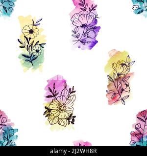 Nahtlose Hand Illustration Schwarz umrandet Blumen mit mehrfarbigen Aquarell waschen Stockfoto