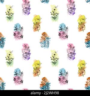 Nahtlose Hand Illustration Schwarz umrandet Blumen mit mehrfarbigen Aquarell waschen Stockfoto