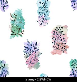 Nahtlose Hand Illustration Schwarz umrandet Blumen mit mehrfarbigen Aquarell waschen Stockfoto