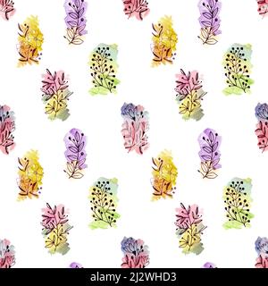 Nahtlose Hand Illustration Schwarz umrandet Blumen mit mehrfarbigen Aquarell waschen Stockfoto
